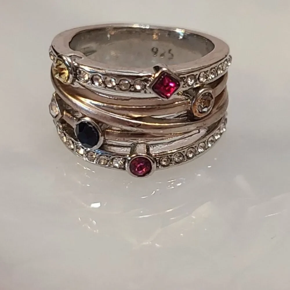 925 Sterling Silver Rainbow CZ Ring Size 6 Multi Color Gem Wide Statement Band